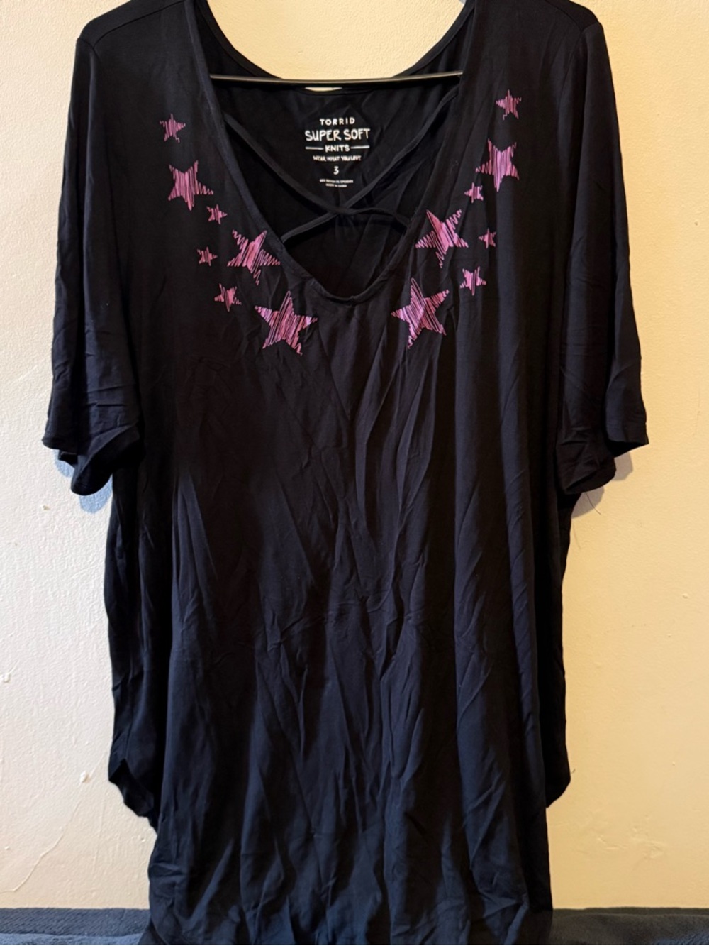 torrid Black super soft knit V-Neck Top with Pink Star Accents